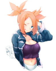 00s 1girl :p ;p breasts cleavage dojikko_pose female_focus large_breasts midriff naso4 navel nintendo one_eye_closed orange_hair pokemon pokemon_colosseum rui_(pokemon) solo tongue tongue_out twintails wes_(pokemon) wink