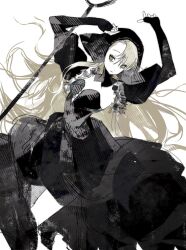 1girl black_dress black_hood black_sleeves blonde_hair breasts closed_mouth cross-laced_clothes cross-laced_dress detached_hood detached_sleeves dress dungeon_meshi fur-trimmed_sleeves fur_trim green_eyes guigui_rongrong highres long_hair looking_to_the_side marcille_donato marcille_donato_(lord) simple_background solo strapless strapless_dress very_long_hair white_background