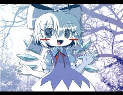 1girl absurdres bagacide bare_tree black_border blue_dress blue_eyes blue_hair blush_stickers border bow branch cirno cirno_day commentary dress english_commentary hair_bow highres ice letterboxed neck_ribbon open_mouth pixel_art puffy_short_sleeves puffy_sleeves red_ribbon ribbon short_hair short_sleeves solo touhou tree wings