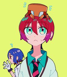 1boy 1girl ? amate_yuzuriha aqua_eyes blue_hair blush collared_shirt colored_inner_hair conch_(gundam) gloves gundam gundam_gquuuuuux highres karaage_bentou_(28grtm) multicolored_hair necktie non-humanoid_robot open_mouth red_eyes red_hair robot school_uniform shirt short_hair shuji_ito simple_background sweatdrop sweater two-tone_hair upper_body white_shirt yellow_background
