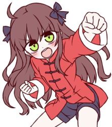 1girl ahoge arima_miyako black_bow black_shorts blush bow brown_hair chinese_clothes clenched_hands commentary cowboy_shot green_eyes hair_bow ketsumaimo long_hair looking_at_viewer lowres open_mouth punching red_shirt shirt short_shorts shorts simple_background solo tangzhuang tsukihime v-shaped_eyebrows white_background