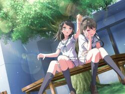 2girls bang_dream! bang_dream!_it&#039;s_mygo!!!!! bench black_hair black_socks blue_eyes blue_neckerchief blush brown_shoes day dithering grass hanasakigawa_school_uniform head_rest kneehighs loafers long_hair medium_hair mole mole_under_eye multiple_girls neckerchief official_art one_eye_closed open_mouth outdoors pleated_skirt purple_eyes school_uniform serafuku shiina_taki shirt shoes sitting skirt socks third-party_source tree white_serafuku white_shirt white_skirt yahata_umiri