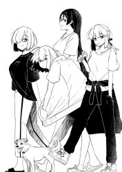4girls ahoge alternate_costume animal arms_behind_back artoria_pendragon_(fate) clothes_around_waist contemporary crocs dog eating fate/grand_order fate_(series) greyscale hair_over_one_eye hands_in_pockets highres hood hoodie jack_russell_terrier jacket jeanne_d&#039;arc_alter_(fate) long_hair looking_at_viewer mash_kyrielight minamoto_no_raikou_(fate) monochrome multiple_girls nonoitou110 pants ponytail saber_alter shirt shoes short_hair shorts sidelocks