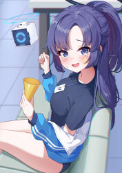 1girl black_shirt blue_archive blue_buruma blue_eyes blue_jacket blush buruma couch drone gym_shirt gym_uniform halo highres id_card jacket jacket_partially_removed long_hair looking_at_viewer mechanical_halo official_alternate_costume on_couch open_mouth purple_eyes purple_hair shinori_(efvbji6264) shirt short_sleeves sitting smile solo star_sticker sticker_on_face track_jacket yuuka_(blue_archive) yuuka_(track)_(blue_archive)