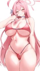 1girl ahoge bikini blue_archive blush bow braid breasts cameltoe cleavage cowboy_shot gluteal_fold green_eyes hair_bow hair_intakes halo hanako_(blue_archive) hanako_(swimsuit)_(blue_archive) hand_up highres huge_ahoge john_zhang large_breasts long_hair looking_at_viewer navel partially_visible_vulva pink_bikini pink_hair pink_halo simple_background single_braid skindentation smile solo swimsuit thigh_gap thighs white_background white_bow