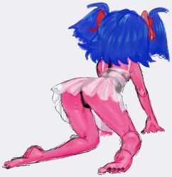 1girl 4chan all_fours barefoot blue_hair bow bury_pink_gril colored_skin drawfag dress feet from_behind hair_bow hands_on_floor pink_skin red_bow see-through_clothes see-through_dress simple_background solo thighs twintails white_background white_dress