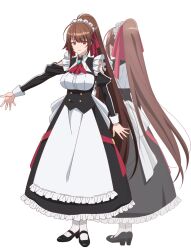 2girls amagi_(oreaku) anime_coloring apron ascot back bare_shoulders black_corset black_dress breasts brown_hair closed_mouth corset dress frilled_apron frilled_dress frills full_body high_ponytail highres large_breasts long_hair long_sleeves looking_at_viewer maid maid_apron maid_headdress mary_janes morimae_kazuya multiple_girls multiple_views official_art open_hands ore_wa_seikan_kokka_no_akutoku_ryoushu! outstretched_arm palms ponytail puffy_long_sleeves puffy_sleeves red_ascot red_eyes shoes sidelocks simple_background smile socks spread_fingers standing transparent_background very_long_hair waist_apron white_apron white_socks