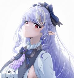 1girl bow bowtie brooch highres jewelry long_hair looking_at_viewer mole mole_under_eye pointy_ears purple_hair red_eyes shirt simple_background smile solo syougun1106 upper_body very_long_hair vivian_banshee white_background white_shirt zenless_zone_zero