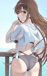 1girl ass bikini black_bikini blue_sky breasts brown_hair closed_mouth commentary_request from_behind highres horizon large_breasts long_hair looking_at_viewer looking_back may9 ocean original railing shirt sky solo swimsuit white_shirt