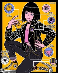 Rule 34 | 1girl, adventure time, arsnzip, artist name, black border, black choker, black hair, black jacket, black pants, blunt bangs, bob cut, border, character name, choker, closed mouth, commentary, converse, crop top, cup, english commentary, english text, eyelashes, full body, highres, holding, holding cup, jacket, jake the dog, kneeling, ladybug ornament, leather, leather jacket, light smile, long sleeves, mole, mole under eye, mug, open clothes, open jacket, original, panties, pants, pink panties, purple eyes, shoes, sneakers, solo, underwear, yellow background, zipper