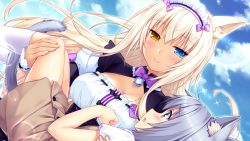 Rule 34 | 10s, 2girls, animal ear fluff, animal ears, bell, blonde hair, blue eyes, blue sky, blush, bow, breasts, buttons, carrying, cat ears, cat girl, cat tail, cleavage, cloud, coconut (nekopara), collar, game cg, green eyes, heart button, heterochromia, kneehighs, long hair, maid, maid headdress, milk (nekopara), multiple girls, name tag, neck bell, nekopara, open mouth, outdoors, princess carry, purple bow, sayori (neko works), shiny skin, short sleeves, sky, slit pupils, smile, socks, sparkle, tail, white socks, white wrist cuffs, wrist cuffs, yellow eyes