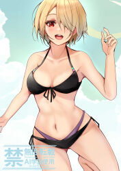 Rule 34 | 1girl, :d, absurdres, bare arms, bare legs, barefoot, bikini, black bikini, blonde hair, breasts, cleavage, collarbone, front-tie bikini top, front-tie top, hair over one eye, halterneck, heaven burns red, highres, kayamori ruka, looking at viewer, medium breasts, multi-strapped bikini bottom, natsuki (muravito), navel, open mouth, paid reward available, red eyes, short hair, side-tie bikini bottom, sketch, smile, solo, swimsuit, watermark