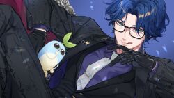 Rule 34 | 1boy, :q, aqua eyes, black-framed eyewear, black gloves, black jacket, black pants, black vest, blue hair, blue shirt, commentary, eyewear strap, gagake v, glasses, gloves, grey necktie, highres, jacket, leos vincent, leos vincent (3rd costume), lips, looking at viewer, male focus, mameneko (leos vincent), necktie, nijisanji, pants, shirt, short hair, solo, sunglasses, symbol-only commentary, tie clip, tongue, tongue out, vest, virtual youtuber