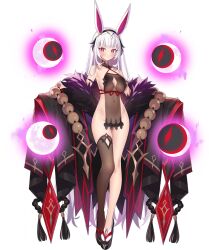 1girl :&lt; absurdly_long_hair animal_ears armband bare_shoulders beads black_armband black_hairband black_kimono black_sandals black_thighhighs blunt_bangs breasts cleavage cleavage_cutout clothing_cutout collarbone energy evertale full_body fur-trimmed_kimono fur_trim gold groin hairband highres japanese_clothes kaguya_(evertale) kimono large_breasts long_hair long_legs looking_at_viewer moon multiple_moons navel no_panties official_art okobo pelvic_curtain platform_sandals popqn prayer_beads purple_mist rabbit_ears rabbit_girl red_eyes revealing_clothes sandals sideboob simple_background single_sock single_thighhigh sky socks solo standing tassel thigh_gap thighhighs very_long_hair white_background white_hair