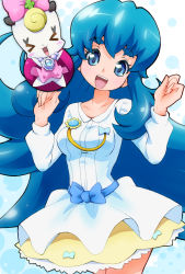 &gt;_&lt; 10s 1girl :d blue_eyes blue_hair bow breasts closed_eyes happinesscharge_precure! long_hair looking_at_viewer medium_breasts open_mouth precure ribbon_(happinesscharge_precure!) ryuuta_(cure_ryuuta) shirayuki_hime skirt smile