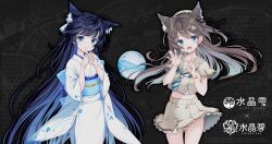 Rule 34 | 2025, 2girls, absurdres, animal ear fluff, animal ears, blue eyes, blue hair, blue kimono, blue necktie, breasts, brown hair, brown sailor collar, brown serafuku, brown shirt, cat ears, character name, copyright logo, copyright name, crystal dew world, dark background, hands up, highres, japanese clothes, kemonomimi mode, kimono, long hair, looking at viewer, medium breasts, midriff peek, miniskirt, multiple girls, necktie, open hand, open mouth, pleated skirt, sailor collar, sailor shirt, school uniform, serafuku, shirt, skirt, smile, suishou aoi, suishou shizuku, summer uniform, tenmu shinryuusai, two-tone kimono, variant set, very long hair, white kimono
