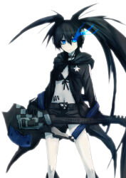 1girl belt bikini black_choker black_coat black_hair black_rock_shooter black_rock_shooter_(character) black_shorts blue_eyes chikuwa_udon choker coat electric_guitar flaming_eye front-tie_bikini_top front-tie_top glowing glowing_eye guitar highres hood hooded_coat instrument long_hair open_clothes open_coat pale_skin scar shorts solo swimsuit twintails uneven_twintails white_background