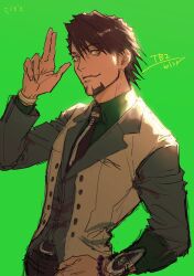 1boy bead_bracelet beads bracelet closed_mouth facial_hair goatee green_background green_shirt hand_on_own_hip highres jacket jewelry kaburagi_t._kotetsu looking_at_viewer male_focus necktie plytometo shirt simple_background solo tiger_&amp;_bunny upper_body white_jacket