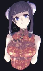 1girl arinko_pa black_hair blue_eyes breasts bun_cover character_request china_dress chinese_clothes closed_mouth dated double_bun dress earrings hair_bun highres jewelry lips long_hair looking_at_viewer sidelocks signature simple_background solo