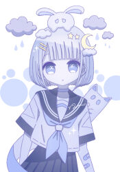 1girl :o animal animal_on_head bandaid bandaid_on_arm black_skirt blue_choker blue_neckerchief blue_theme blunt_bangs blunt_ends bob_cut cathead choker circle cloud cloud_hair_ornament collarbone commentary crescent crescent_hair_ornament ghost hair_ornament highres looking_at_viewer neckerchief no_nose omochi_noa on_head original parted_lips pleated_skirt rabbit rabbit_on_head rain sad school_uniform serafuku short_hair short_sleeves skirt solid_oval_eyes solo sparkle star_(symbol) star_hair_ornament straight-on symbol-only_commentary symbol-shaped_pupils upper_body white_background x-shaped_pupils