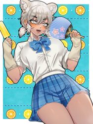 1girl animal_ears blue_bow blue_bowtie blue_eyes blue_sky blush bow bowtie collared_shirt cowboy_shot dark-skinned_female dark_skin detached_sleeves food grey_eyes hair_between_eyes hand_fan highres kemono_friends kemono_friends_3 lion_ears lion_girl looking_at_viewer open_mouth paper_fan plaid_bow plaid_bowtie plaid_clothes plaid_skirt pleated_skirt popsicle shirt shivuakichi short_hair short_sleeves short_twintails sidelocks skirt sky sleeves_past_wrists solo t-shirt teeth transvaal_lion_(kemono_friends) twintails white_hair white_shirt white_sleeves