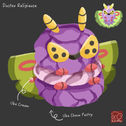 arrow_(symbol) artist_logo artist_name character-themed_food character_name cream dustox food food_focus food_name gen_3_pokemon grey_background highres logo nintendo no_humans pastry pokemon pokemon_(creature) religieuse simple_background yuki00yo
