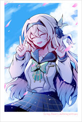 1girl black_hairband blue_sky blush bow breasts checkered_bow checkered_clothes checkered_skirt closed_eyes cloud collarbone double_v electronduck falling_petals firefly_(honkai:_star_rail) firefly_(spring_missive)_(honkai:_star_rail) green_bow grey_hair hair_between_eyes hair_intakes hair_ornament hairband highres honkai:_star_rail honkai_(series) long_hair medium_breasts official_alternate_costume open_mouth petals school_uniform skirt sky smile solo v