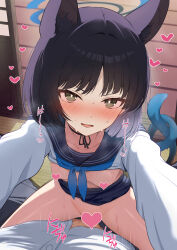 1boy 1girl absurdres animal_ears aoto_mei black_eyes black_hair black_nails black_sailor_collar black_skirt blue_archive blue_halo blue_neckerchief blush breasts cat_ears cat_girl cat_tail censored clothes_grab clothes_lift commentary_request halo heart heart_censor heavy_breathing hetero highres kikyou_(blue_archive) long_sleeves looking_at_viewer multiple_tails neckerchief necktie necktie_grab neckwear_grab open_mouth partial_commentary pleated_skirt pov sailor_collar school_uniform sex shirt shirt_lift short_hair skirt skirt_lift small_breasts smile straddling sweat tail two_tails upright_straddle white_shirt