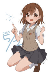 1girl :d asymmetrical_bangs brown_eyes brown_hair brown_shoes brown_sweater_vest coin collared_shirt commentary_request dated electricity electrokinesis grey_skirt hair_ornament happy_birthday highres holding holding_coin loafers medium_hair mi_(mi_saka) miniskirt misaka_mikoto open_mouth pleated_skirt school_emblem school_uniform shirt shoes short_sleeves shorts shorts_under_skirt skirt smile solo summer_uniform sweater_vest toaru_kagaku_no_railgun toaru_majutsu_no_index tokiwadai_school_uniform twitter_username v-neck white_background white_shirt