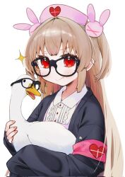 1girl animal apron bird black-framed_eyewear black_cardigan brown_hair cardigan center_frills closed_mouth corrupted_twitter_file eyewear_on_animal fang fang_out frills glasses goose hair_ornament hat heart heart_print highres holding holding_animal holding_bird iwashi_tabeta_sa long_hair long_sleeves looking_at_viewer natori_sana natori_sana_(nurse) nurse_cap pink_apron pink_hat rabbit_hair_ornament red_eyes sana_channel simple_background smile solo sparkle two_side_up upper_body virtual_youtuber white_background