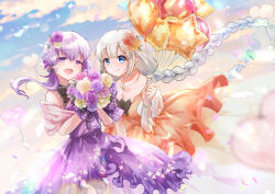 2girls a.i._voice ahoge balloon bare_shoulders blue_eyes blurry blurry_foreground blush bouquet braid cloud cloudy_sky collarbone commentary confetti day dress floating_hair flower grey_hair hair_flower hair_ornament half-closed_eyes heart_balloon highres holding holding_balloon holding_bouquet jewelry kizuna_akari long_hair looking_at_viewer multiple_girls necklace open_mouth orange_dress orange_flower orange_rose outdoors pink_flower pink_rose pty puffy_sleeves purple_dress purple_eyes purple_flower purple_hair purple_rose rose see-through_clothes see-through_sleeves short_hair_with_long_locks sidelocks sky sleeveless sleeveless_dress smile twin_braids very_long_hair voiceroid white_flower white_hair yuzuki_yukari