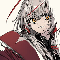 1girl antennae arknights black_shirt close-up dot_nose grin hair_between_eyes highres jacket looking_at_viewer orange_eyes red_jacket shirt simple_background smile solo tetuw upper_body w_(arknights) white_background wis&#039;adel_(arknights)