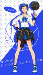 1girl aomine_daiki ball basketball basketball_(object) blue_border blue_bow blue_eyes blue_hair blue_shoes border bow commentary_request genderswap genderswap_(mtf) kuroko_no_basuke looking_at_viewer school_uniform shirt shoes short_hair solo standing tian_daoling tomboy white_shirt