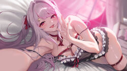 1girl absurdres bedroom between_breasts blurry blurry_background blush breasts cleavage commission foreshortening full_moon grey_hair hair_intakes hair_ornament hair_ribbon hairclip hand_up heart heart_o-ring highres indoors kimitsu_tenka large_breasts long_hair looking_at_viewer lying maid_dolce midnamana moon neck_ribbon o-ring on_bed on_side open_mouth pixiv_commission red_eyes red_ribbon ribbon smile solo strap_between_breasts thigh_strap triangle_mouth twintails window x_hair_ornament