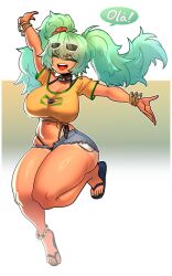 Rule 34 | 1girl, absurdres, alternate breast size, anklet, aqua hair, bikini, blue bikini, blue footwear, bracelet, brazilian flag, brazilian flag print, brazilian miku, breasts, cleavage, closed eyes, eyebrows hidden by hair, flag print, full body, gintm, hair between eyes, hatsune miku, highres, jersey, jewelry, jumping, large breasts, long hair, open mouth, outstretched arms, portuguese text, shirt, short shorts, shorts, simple background, smile, solo, speech bubble, spread arms, swimsuit, tan, tanline, teeth, thick thighs, thighs, twintails, upper teeth only, very long hair, vocaloid, yellow shirt