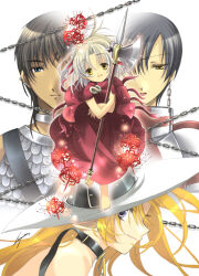 .hack// .hack//ai_buster albireo_(.hack//) armor blonde_hair closed_mouth dress hat hayato_(.hack//) hokuto_(.hack//) holding holding_polearm holding_weapon izumi_rei long_hair looking_at_viewer lycoris_(.hack//) multiple_girls official_art open_mouth pointy_ears polearm red_dress smile weapon white_background witch_hat