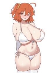 1girl ahoge arms_behind_back bare_shoulders bikini blush breasts brown_eyes cleavage closed_mouth collarbone commentary cowboy_shot elbow_gloves fate/grand_order fate_(series) front-tie_bikini_top front-tie_top fujimaru_ritsuka_(female) gloves groin hair_between_eyes hair_ornament hair_scrunchie halterneck highres huge_breasts looking_at_viewer medium_hair micro_bikini navel nose_blush one_side_up orange_hair peace_peace009 scrunchie side-tie_bikini_bottom simple_background skindentation smile solo standing stomach string_bikini swimsuit thighhighs white_background white_bikini white_gloves white_thighhighs yellow_scrunchie