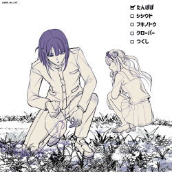 1boy 1girl brother_and_sister crouching full_body high_heels highres japanese_text long_hair long_sleeves monochrome pleated_skirt purple_hair siblings simple_background skirt the_hundred_line_-last_defense_academy- translation_request tsukumo_ima tsukumo_kako twins white_background