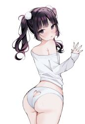 1boy artist_self-insert ass ass_cutout back brown_hair bun_cover butt_crack clothing_cutout crossdressing grey_eyes heart_cutout highres indie_virtual_youtuber looking_back moenaomii moenaomii_(artist) panties single_bare_shoulder solo trap twintails underwear white_background white_panties