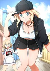 2girls alternate_costume angry bare_legs black_hat black_jacket black_shorts blonde_hair blue_eyes breasts casual cleavage crop_top fang girls_und_panzer hat highres hood hoodie jacket jewelry katyusha_(girls_und_panzer) kay_(girls_und_panzer) large_breasts long_hair long_sleeves military_vehicle motor_vehicle multiple_girls navel necklace official_alternate_costume omachi_(slabco) open_clothes open_jacket open_mouth oversized_clothes shirt short_hair short_shorts shorts sleeveless sleeveless_shirt t-34 t-34-85 tank white_hoodie white_shirt white_undershirt