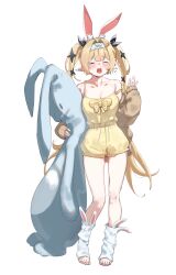 1girl absurdres animal_ear_fluff animal_ears black_ribbon blonde_hair blush camisole carrot_hair_ornament closed_eyes double-parted_bangs drawstring food-themed_hair_ornament full_body hair_intakes hair_ornament hair_ribbon hairband highres holding holding_stuffed_toy leg_warmers long_hair open_mouth original pointy_ears rabbit_ears rashford ribbon rie_(kerinyan) shorts sleepwear solo standing straight-on strap_slip stuffed_animal stuffed_rabbit stuffed_toy teeth twintails upper_teeth_only very_long_hair white_background white_hairband white_leg_warmers yawning yellow_camisole yellow_ribbon yellow_shorts