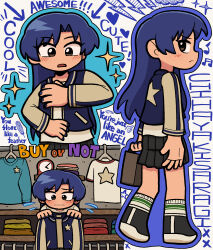 Rule 34 | 1girl, bag, black shoes, black skirt, blue hair, blue outline, brown eyes, cartoonized, clock, clothes hanger, english text, eyelashes, fis (t83192933), flat chest, flying sweatdrops, forehead, full body, highres, holding, holding bag, idolmaster, idolmaster (classic), idolmaster million live!, idolmaster million live! theater days, jacket, kisaragi chihaya, letterman jacket, light blush, long hair, long sleeves, looking back, multiple views, musical note, outline, parted bangs, pleated skirt, shoes, sidelocks, skirt, socks, sparkle, toon (style), upper body, white socks