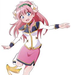 1girl banana banana_peel blue_eyes breasts cowboy_shot flower food fruit galaxy_angel green_hairband hair_flower hair_ornament hairband highres long_hair long_sleeves looking_down medium_breasts milfeulle_sakuraba military_uniform monocle monocle_chain new_yorker_(togawa_hamasaki) open_mouth pencil_skirt pink_hair skirt slipping solo