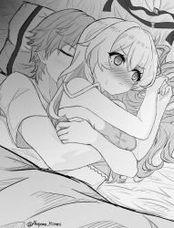 1boy 1girl akayama_hiromi blush caelus_(honkai:_star_rail) firefly_(honkai:_star_rail) grey_hair hair_between_eyes hair_intakes hair_ornament hair_ribbon highres honkai:_star_rail honkai_(series) hug hug_from_behind long_hair monochrome on_bed pillow ribbon strap_slip sweatdrop trailblazer_(honkai:_star_rail) twitter_username under_covers