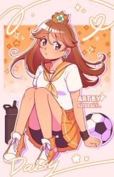 1girl :o artist_name astersky ball bike_shorts black_shorts blue_eyes brown_hair character_name crown earrings full_body hair_between_eyes highres jewelry long_hair mario_(series) miniskirt nintendo open_mouth orange_sailor_collar orange_skirt outline pleated_skirt princess_daisy sailor_collar sailor_shirt school_uniform serafuku shirt short_shorts short_sleeves shorts shorts_under_skirt sitting skirt soccer_ball solo straight_hair white_shirt wristband