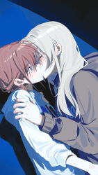 2girls absurdres black_background blue_background blue_eyes blush closed_eyes commentary earclip girls_band_cry grey_hair grey_hoodie hand_on_another&#039;s_shoulder highres hood hoodie iseri_nina kawaragi_momoka kiss long_hair long_sleeves multiple_girls red_hair short_twintails twintails two-tone_background white_hoodie ydpfa yuri