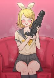 1girl akkgsyk black_socks blonde_hair blush bow bowtie closed_eyes collarbone couch dildo eyelashes feet_out_of_frame grey_sailor_collar grey_skirt hair_bow hair_ornament hairband hairclip hands_up highres holding holding_sex_toy huge_dildo kagamine_rin legs_together medium_hair miniskirt open_mouth pink_background pleated_skirt sailor_collar school_uniform serafuku sex_toy short_sleeves sidelocks sitting skirt socks solo spiked_dildo steaming_body sweatdrop swept_bangs thighs vocaloid white_hairband yellow_bow yellow_bowtie