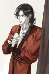 1boy b1302010 black_eyes black_hair braid chinese_clothes cowboy_shot eating food food_in_mouth hanfu highres holding holding_food hua_cheng korean_commentary long_hair long_sleeves looking_ahead male_focus pale_skin red_hanfu red_sash san_lang sash shirt solo steamed_bun tianguan_cifu white_background white_shirt