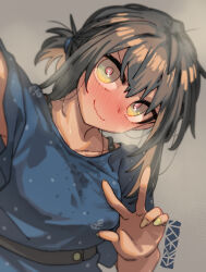 1girl black_hair blue_dress blush breasts dress ergot fubuki_(kancolle) fubuki_(spring)_(kancolle) green_eyes grey_background hair_between_eyes kantai_collection looking_at_viewer medium_breasts nail_polish nose_blush ponytail short_ponytail signature solo upper_body w wavy_mouth yellow_eyes yellow_nails