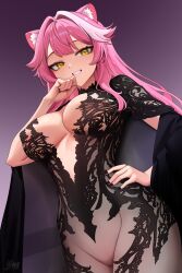 1girl absurdres animal_ear_fluff animal_ears black_nails breasts cat_ears cat_girl chronopattern_dress gradient_background grin hair_intakes hand_on_own_hip hand_up highres hololive hololive_english large_breasts looking_at_viewer meme_attire multicolored_hair pink_hair purple_background raora_panthera smile solo streaked_hair unstableboiler virtual_youtuber yellow_eyes